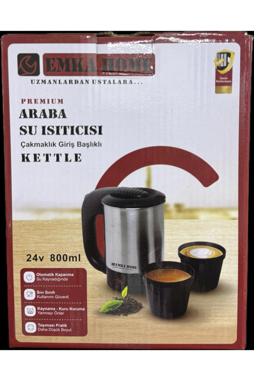 Emka Home Premium 24V Araç İçi Su Isıtıcı Kettle 800 ml – Çakmaklık Girişli Paslanmaz Çelik Kettle