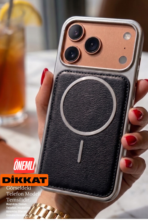 iPhone 15 MagSafe Özellikli Arkası Deri Metalik Kenarlı Yumuşak Silikon Telefon Kılıfı