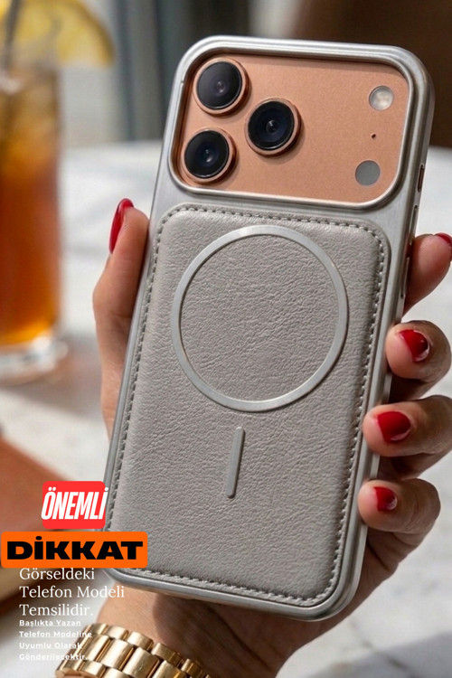 iPhone 15 MagSafe Özellikli Arkası Deri Metalik Kenarlı Yumuşak Silikon Telefon Kılıfı