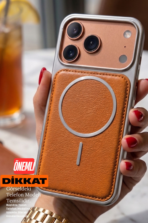iPhone 15 MagSafe Özellikli Arkası Deri Metalik Kenarlı Yumuşak Silikon Telefon Kılıfı