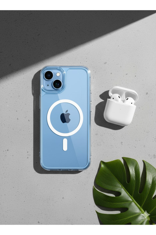iPhone 14 Plus / 15 Plus Magsafe Destekli Sararmaz Ultra Thin Telefon Şeffaf Kılıf + Temperli Cam