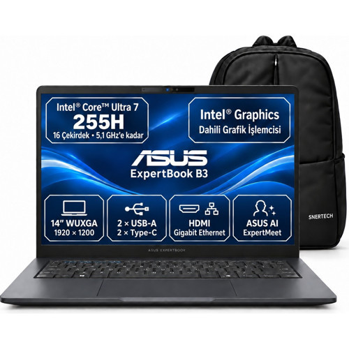 Expertbook B3 B3405CCA-LY3183 S3 Intel Core Ultra 7-255H 24GB 512GB SSD 14" Fhd Windows 11 Pro Dizüstü Bilgisayar + Sner