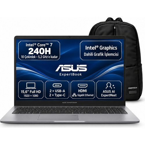 Expertbook P1503CVA-VT2744W S6 Intel Core 7 240H Ddr5 32GB 1tb SSD Full Hd 15'' Windows 11 Home + Snertech Çanta
