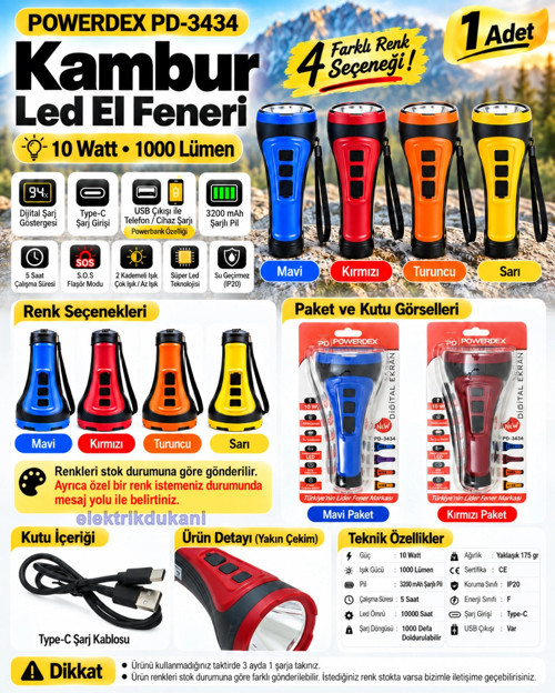 10w Ledli Kambur El Feneri TYP-C Şarjlı 2 Kademe + Flaşör