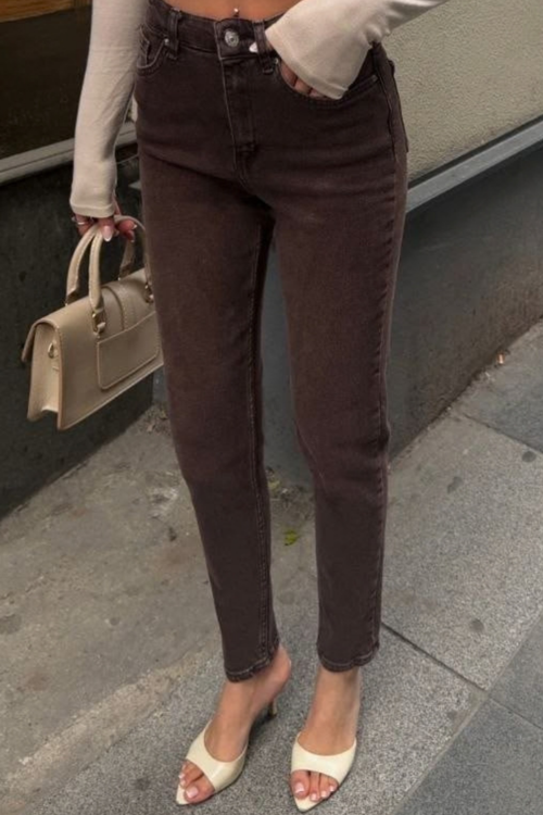 Kadın Yüksek Bel Yıkamalı Mom Jean Likralı Kot Pantolon 1244