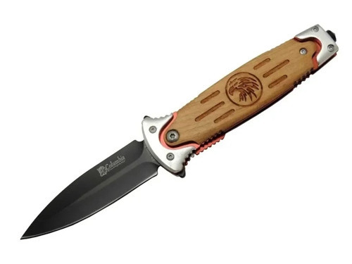 Fs 11032 Kahverengi Kurtarma / Kamp Çakısı 20cm - Kartal İşlemeli Ahşap Sap, Kemerlikli, Cam Kırma A
