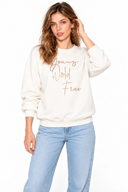 Kadın Parlak Taş Baskılı Salaş Kesim Üç İplik Sweatshirt - Beyaz