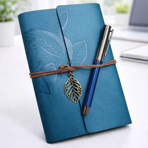 Yaprak Desenli Deri Defter Ve Lacivert Metal Roller Kalem Seti