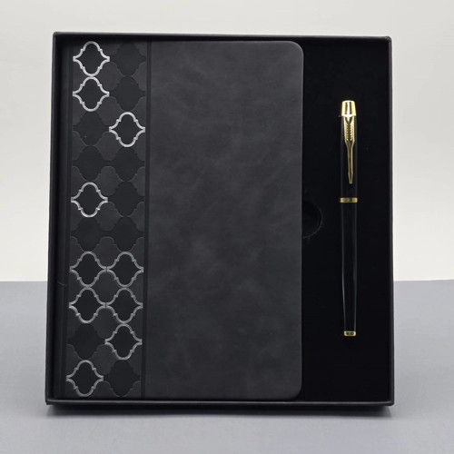 Desenli Siyah Deri Defter Kalem Set