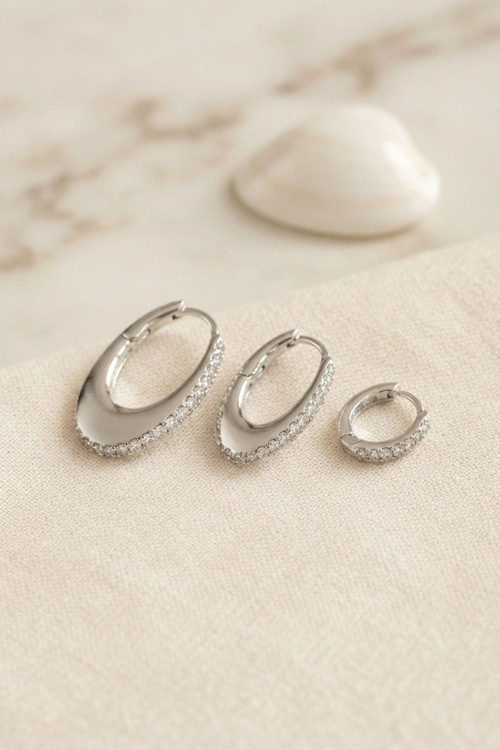 Gümüş Renk Oval Halka Model Zirkon Taşlı 3 lü Küpe Set TJ-BKP11975