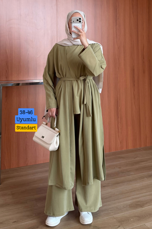 Kadın Cupra Pike Uzun Hırka Bluz Geniş Paça Pantolon 3'lü Abaya Takım 3861