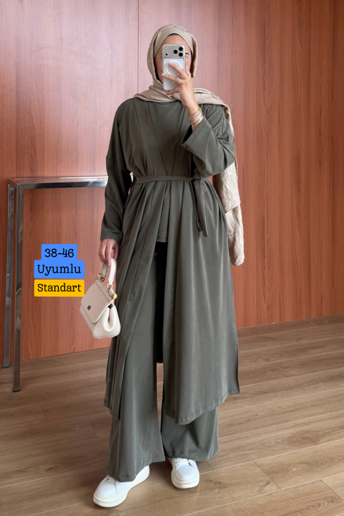 Kadın Cupra Pike Uzun Hırka Bluz Geniş Paça Pantolon 3'lü Abaya Takım 3861
