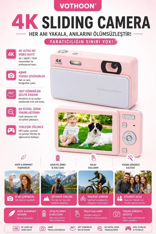 Dijital Kamera 4k Hd 48mp 8x Zoom Flaşlı Kayar Retro Video Kamera 2.4’’ Ekran 64gb Sd Kart Hediyeli