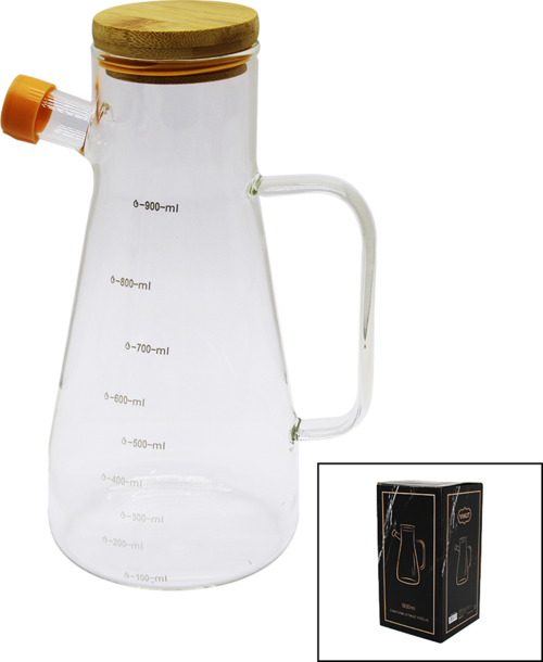 DAMLATMAZ CAM YAĞDANLIK BAMBU KAPAKLI ÖLÇEKLİ 900ML (2818)