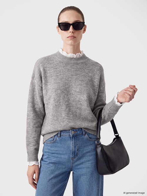 LCW Comfort Gri Dik Yaka Dantel Detaylı Kadın Triko Kazak