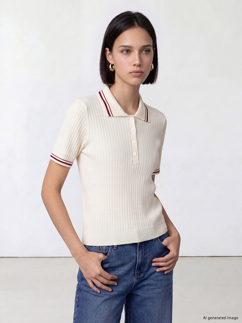 LCW Comfort Beyaz Polo Yaka Çizgili Kadın Triko Kazak