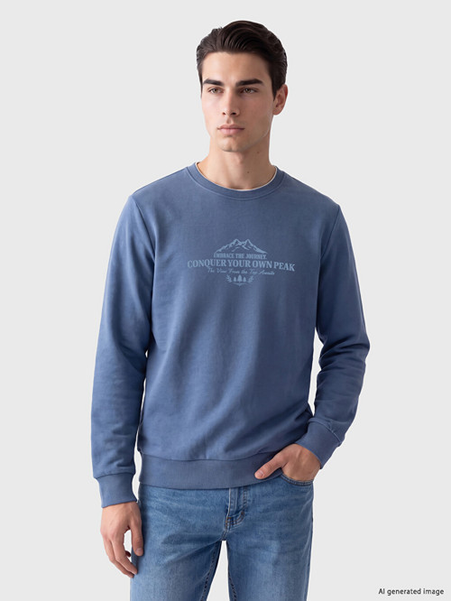 LCWAIKIKI Classic İndigo Bisiklet Yaka Baskılı Erkek Kalın Sweatshirt