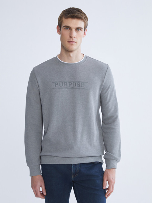 LCWAIKIKI Classic Gri Bisiklet Yaka Baskılı Erkek Sweatshirt