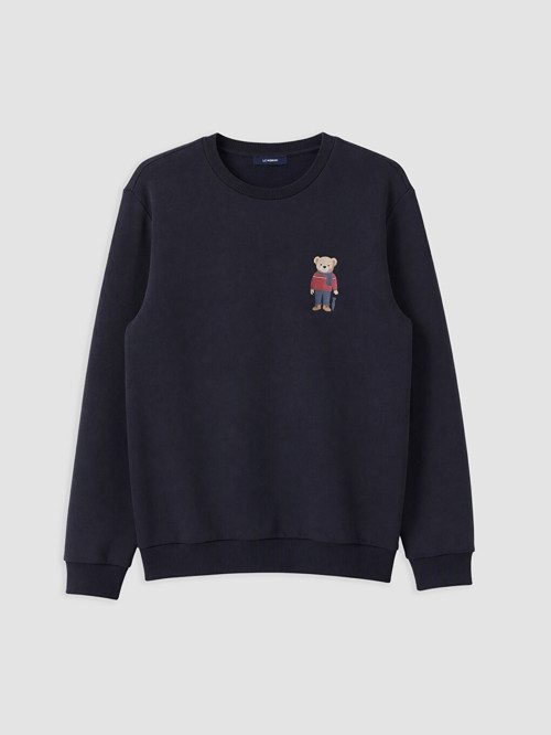 LC WAIKIKI Lacivert Bisiklet Yaka Ayı Teddy Baskılı Erkek Sweatshirt
