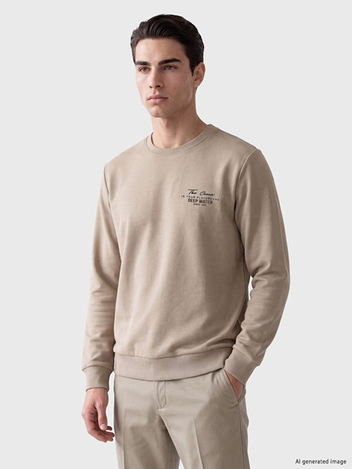 LCWAIKIKI Classic Bej Bisiklet Yaka Baskılı Erkek Kalın Sweatshirt