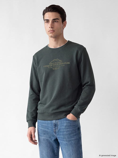 LCWAIKIKI Classic Haki Bisiklet Yaka Baskılı Erkek Kalın Sweatshirt