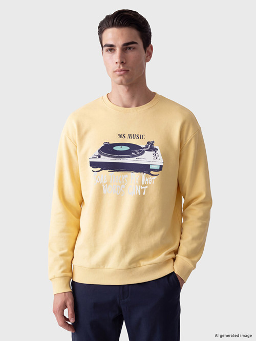 LC WAIKIKI Sarı Bisiklet Yaka Baskılı Erkek Sweatshirt