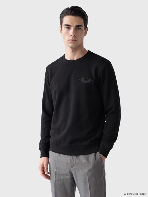 LCWAIKIKI Classic Siyah Bisiklet Yaka Baskılı Erkek Sweatshirt
