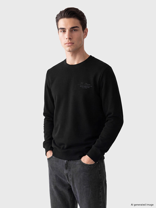 LCWAIKIKI Classic Siyah Bisiklet Yaka Baskılı Erkek Kalın Sweatshirt