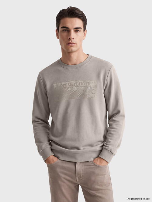 LCWAIKIKI Classic Bej Bisiklet Yaka Baskılı Kalın Erkek Sweatshirt