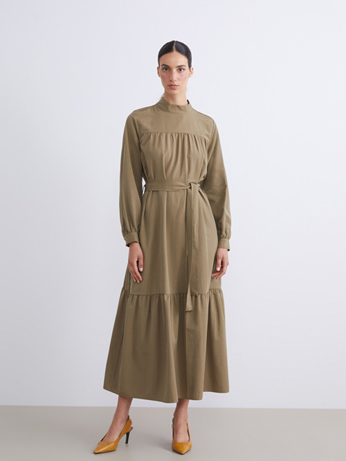 LCW Modest Haki Dik Yaka Poplin Elbise