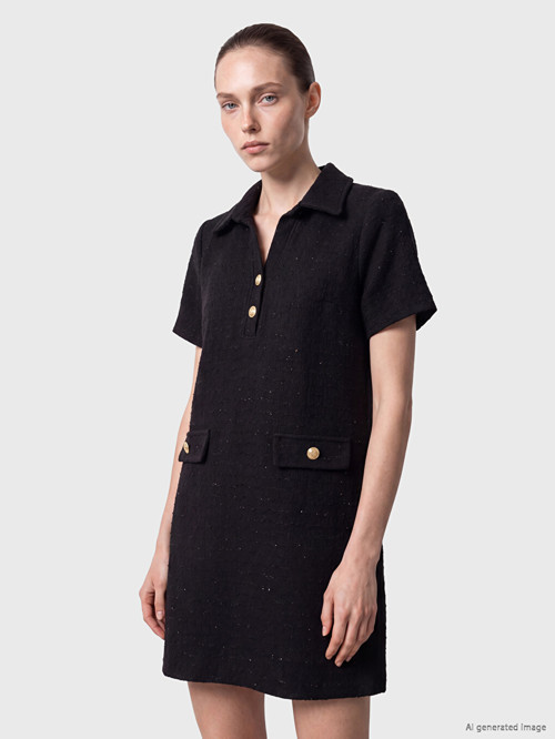 LCW Comfort Siyah Gömlek Yaka Simli Mini Elbise