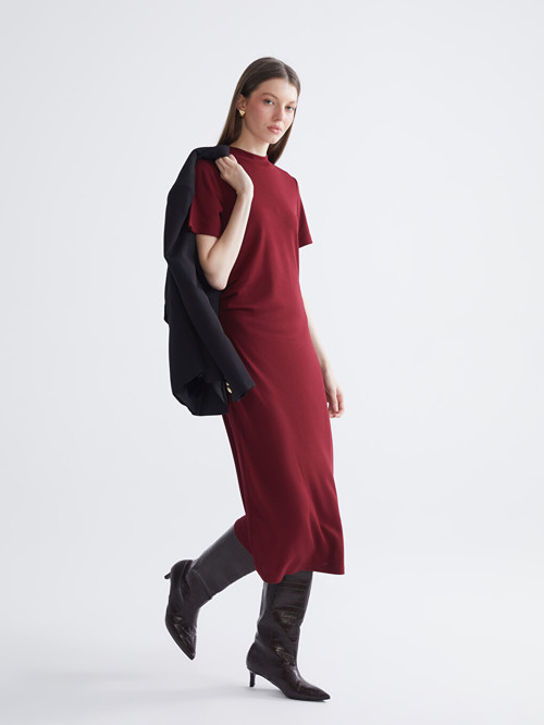 LCW Comfort Bordo Dik Yaka Büzgülü Elbise