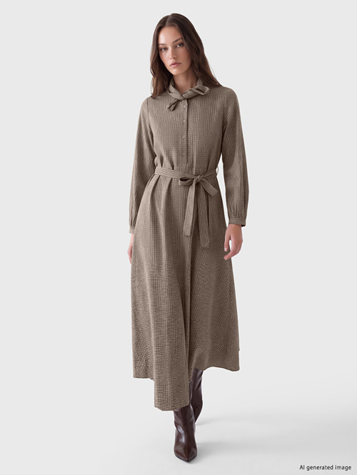 LCW Modest Bej Fular Yaka Ekose Gömlek Elbise