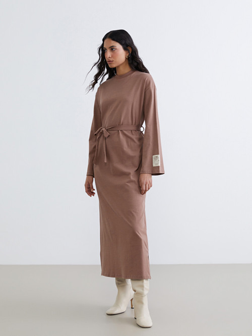 LCW Modest Kahverengi Bisiklet Yaka Sweat Elbise