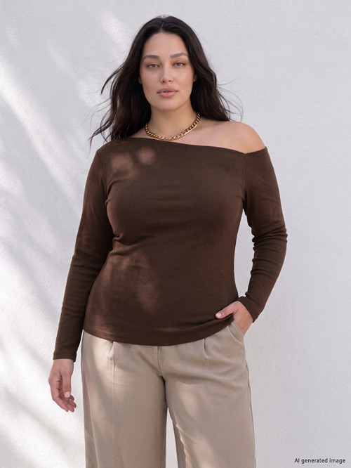 LCW Curve Kahverengi Büyük Beden Kayık Yaka Bluz