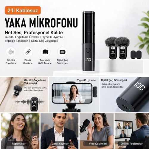 2'li Kablosuz Yaka Mikrofonu, Type-C Uyumlu, Gürültü Engelleme Özellikli ve Tripod'a Takılabilir Dijital Şarj Göstergeli Telefon Mikrofon Seti
