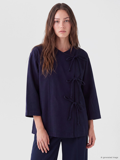 LCW Modest Lacivert Kruvaze Yaka Bağcıklı Kadın Kimono