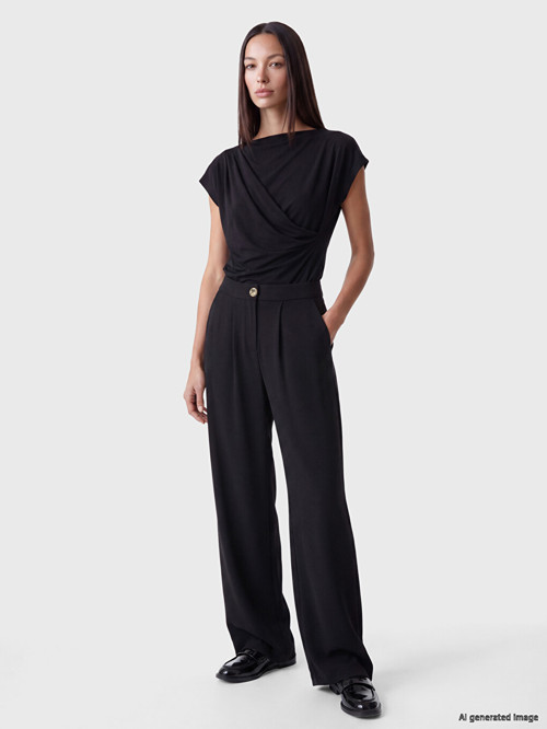 LCW EVERYDAY Siyah Loose Fit Kadın Pileli Kumaş Pantolon