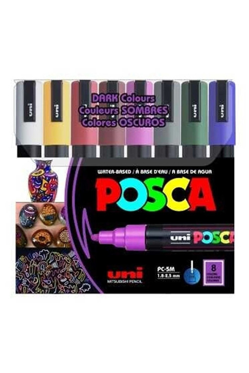Uni Pc-5m/8c Dc Posca Su Bazlı Poster Markörü Koyu Renk 1.8-2.5Mm 8Li Set