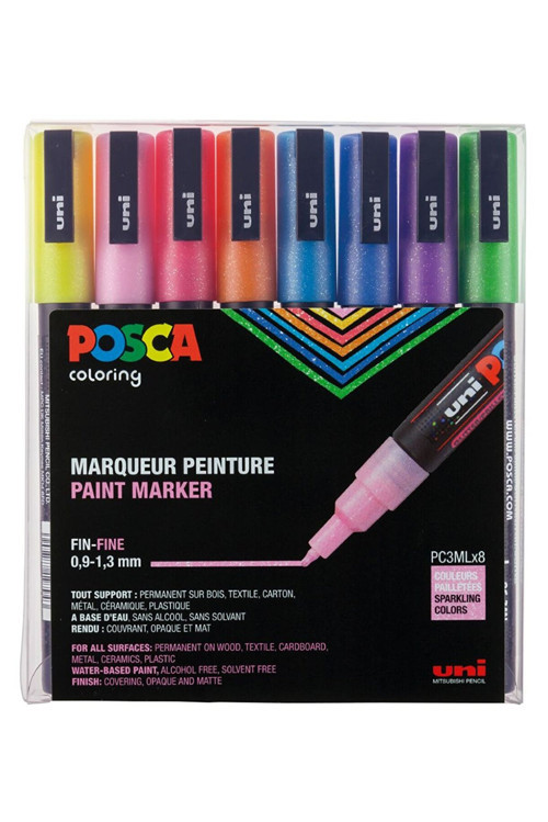 Uni Pc-3ml/8c Gc Posca Su Bazlı Poster Markörü Simli 09-1.3Mm 8Li Set
