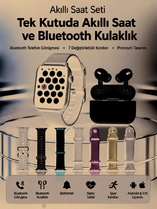 7 Kordonlu Akıllı Saat ve Bluetooth Kulaklık Seti Nabız Takibi, Bildirimler ve Spor Modları