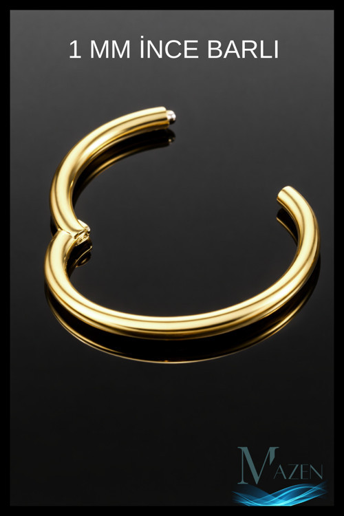 316L Cerrahi Çelik 1 Adet Klipsli 8 Mm Tam Halka Piercing Kararmaz (1 Mm İnce Barlı) Gold