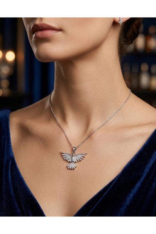 Silver Renk Sf Zincir Zirkon Taşlı Anka Kuş Çelik Kolye