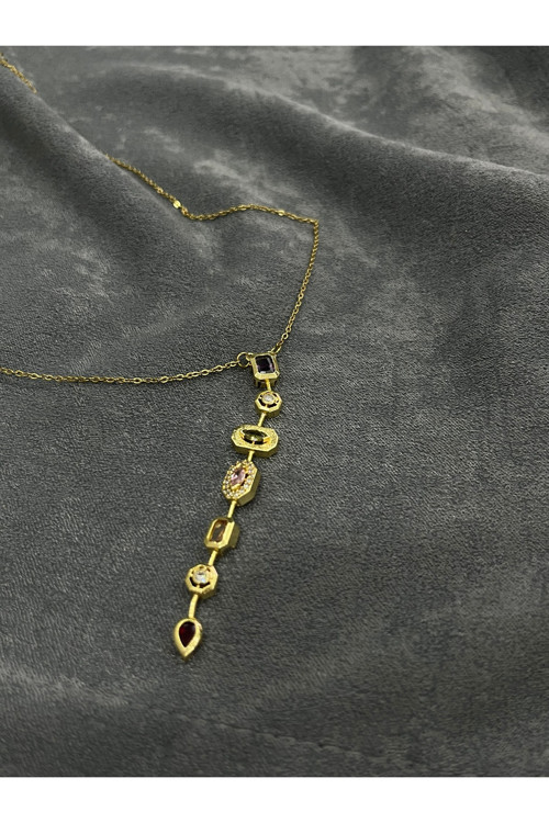 Taşlı 7 Element Y Kolye Çelik
