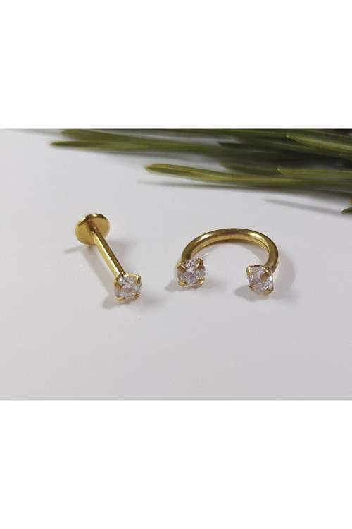 Cerrahi Çelik Zirkon Taşlı Gold Piercing, Küpe, Kulak, Kıkırdak, Tragus, Helix (2 Li Set)