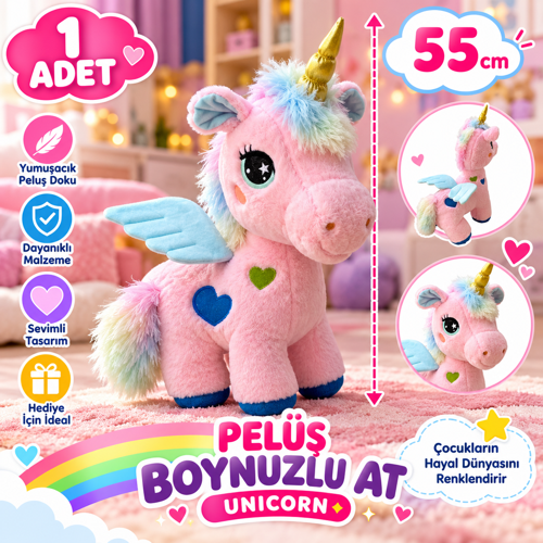 55 cm Peluş Unicorn Boynuzlu At Kanatlı Yumuşak ve Sevimli Çocuk Oyuncağı