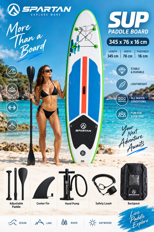 HMI89 345X76X15 Cm Şişme SUP Board Stand Up Paddle Board – Pompa Kürek Seti – 200 Kg Taşıma Kapasiteli