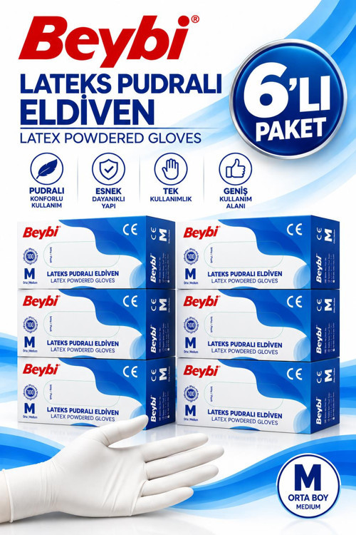 Eldiven Lateks Pudralı Medium 100'lü 6 Adet