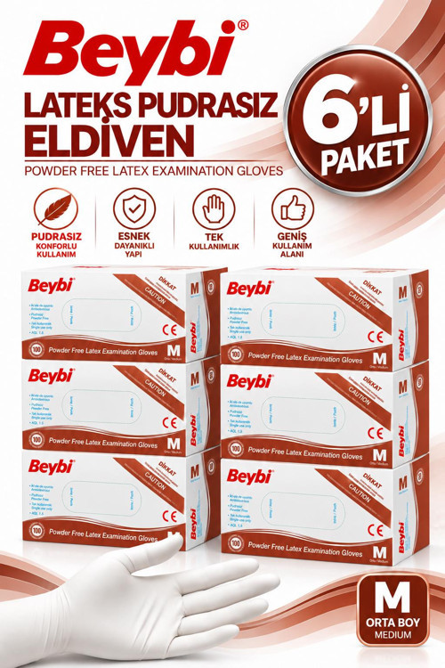 Pudrasız Lateks Muayene Eldiveni Medium 100'lü 6 Adet