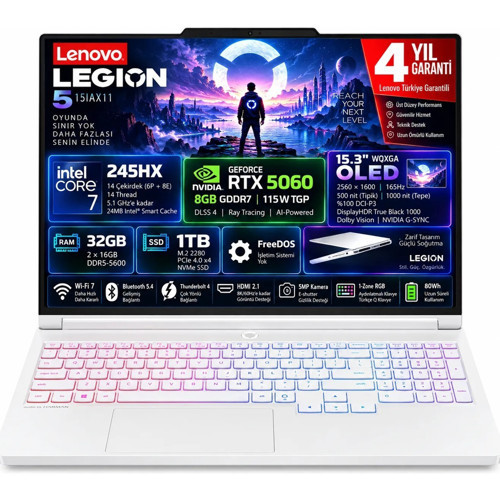 Legion 5 15IAX11 Intel Core 7 245HX 32GB 1TB SSD RTX 5060 8GB (115W) 15.3" WQXGA (2560X1600) OLED 165Hz Freedos Taşınabilir Bilgisayar 83VK005NTR